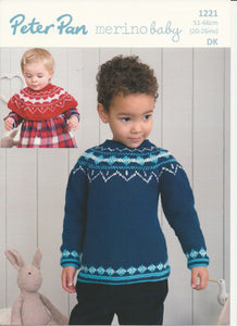 Peter Pan 1221 - Baby Fairisle Shoulder Warmer and Sweater Knitting Pattern - 20-26 Inches