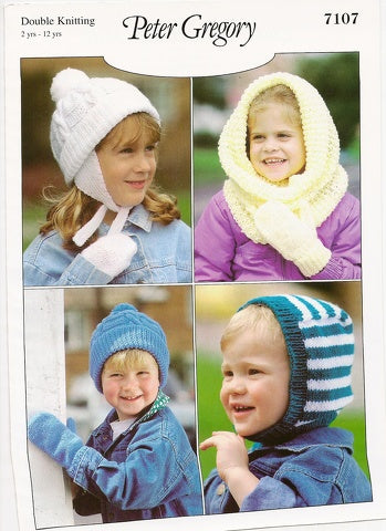 Peter Gregory 7107 - Children's Hats and Mitts Knitting Pattern