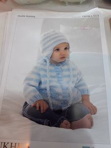 UKHKA 113 - Baby Double Knit - Cardigan, Hat and Scarf - 12"-20"