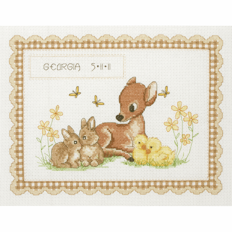 Counted Cross Stitch Kit - Baby Birth Record - Baby Animals