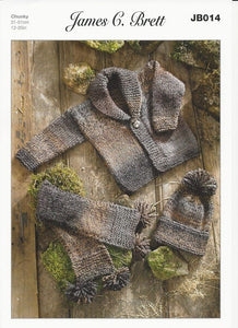 James Brett JB014 - Cardigan, Scarf and Hat Knitting Pattern - 12-20 Inches