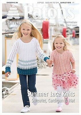Patons 4019 - Girls Sweater, Cardigan and Hat Knitting Pattern - 4-12 years