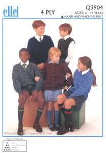 Elle Q3904 - School Jumpers, Cardigan and Tank Top Knitting Pattern - 6-14 Years
